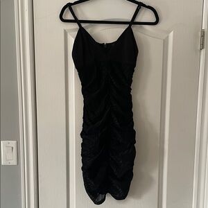 bebe Black Ruched Slip Dress with Spaghetti Straps